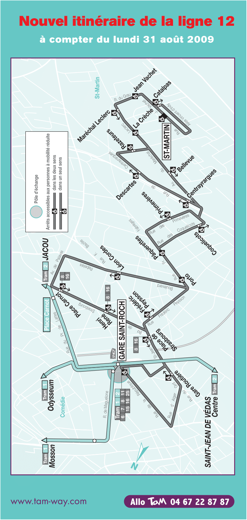 Plan ligne la ligne 12 à partir de septembre 2009. Source : document TaM